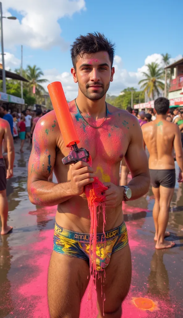 Full body portrait of shirtless young man wearing fancy thongs drenched in colorful water, holds watergun making water splash, celebrating holi festival of colours, short hair, wet black hair, green eyes, summer shorts, at Indian street crowdy, looking at ...