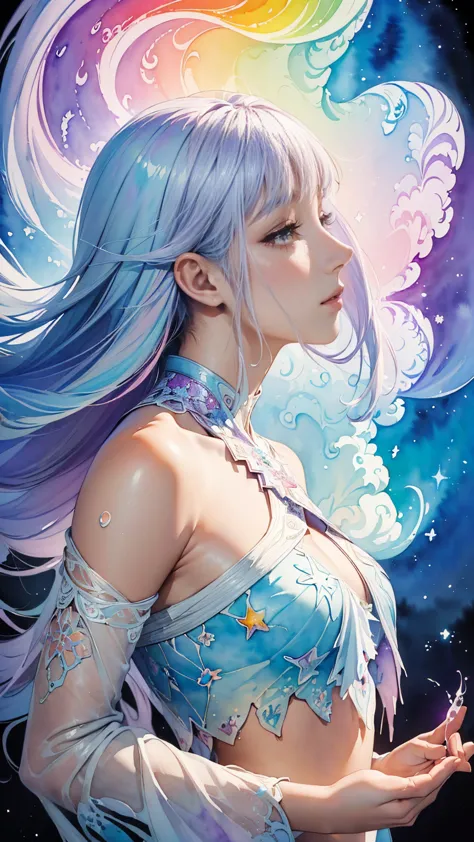 (masterpiece, top quality, best quality,watercolor (medium),Official Art,  beautiful、 artistic:1.2),(One beautiful girl:1.3), (fractal art:1.3),full body, From the side,  viewer,patterns,(  iridescent hair,colorful hair, half purple and half white hair :1....