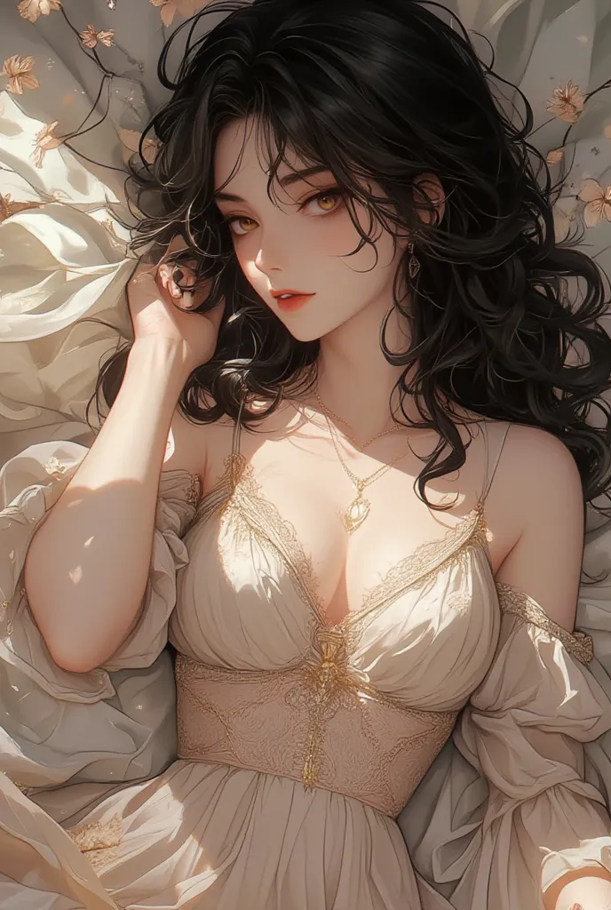 A woman in a dress is lying down, an anime drawing by Zhang Han, tumblr, art from the series, chica pretty,  Hajime Isayama Style, fanart de alta calidad, Our art style, Delicate androgynous princess, Junji Ito 4K , pretty, beautiful,  defined lines , brow...