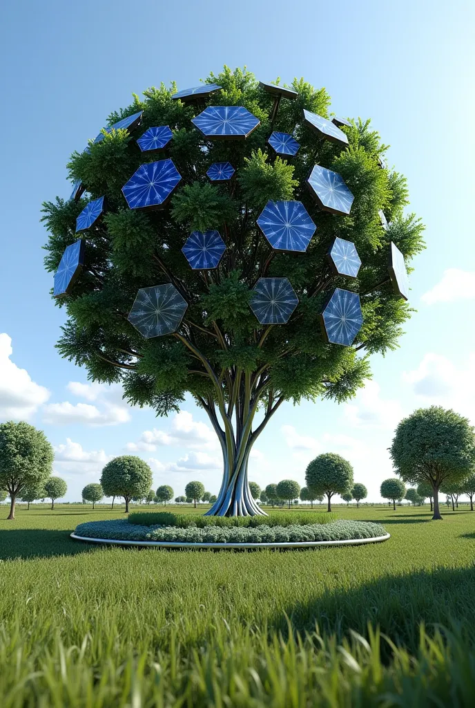 Make Solar panel tree, use solar panels as it's leaf and use steel for it's body, make it in futuristic style and use pentagon shapes for it's leaf. And from the results make a park out of this solar panel trees