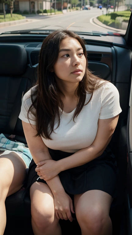  There was a woman who was secretly filmed in public car without realizing it. She is sitting, she is wearing a plain shirt and short wendy skirt. She is plump, big thighs, very beautiful legs, she sat upright without crossing her legs, white skin, beautif...