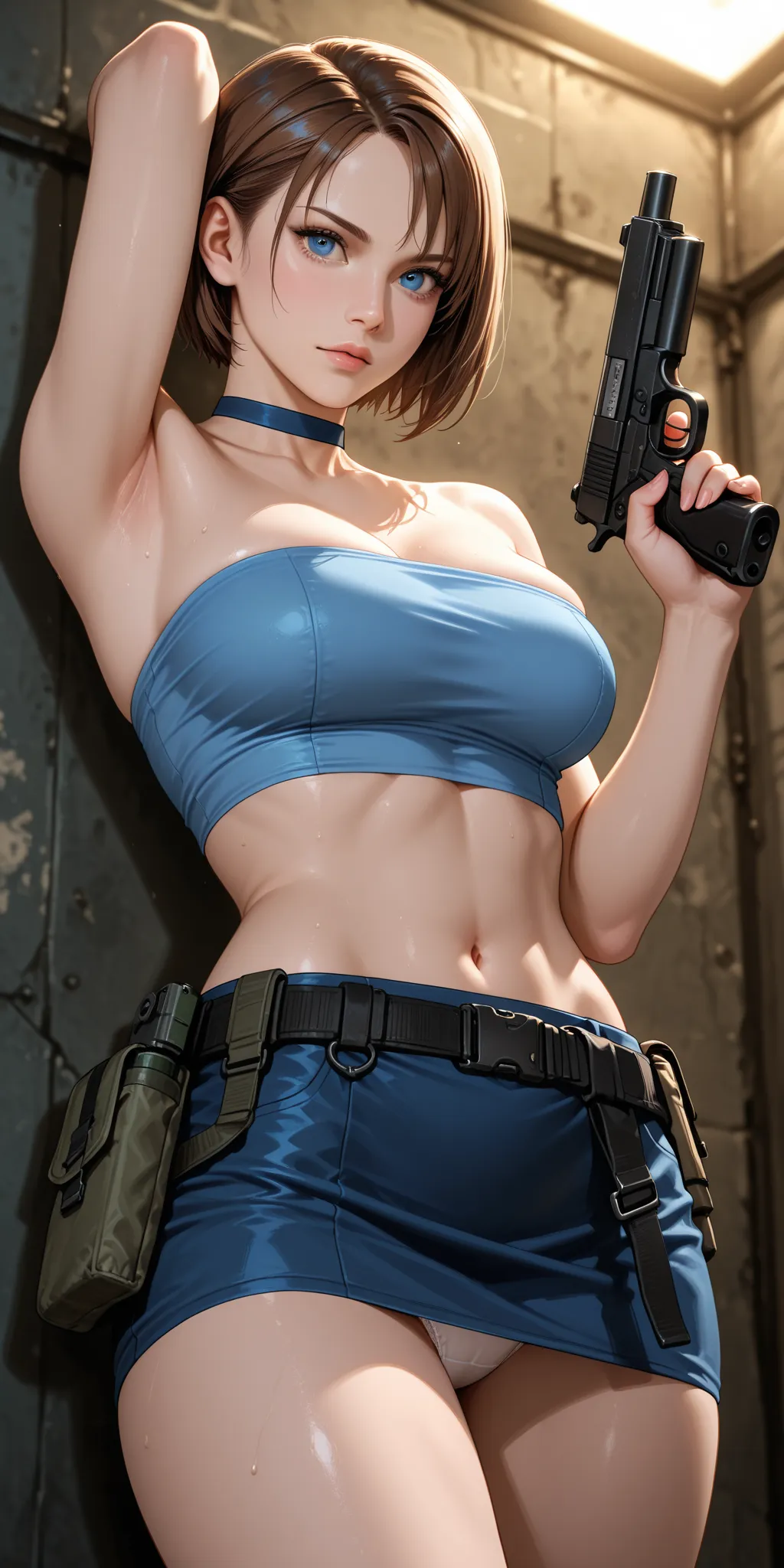 Jill Valentine、white panties、tube top、miniskirt、 hold up a gun