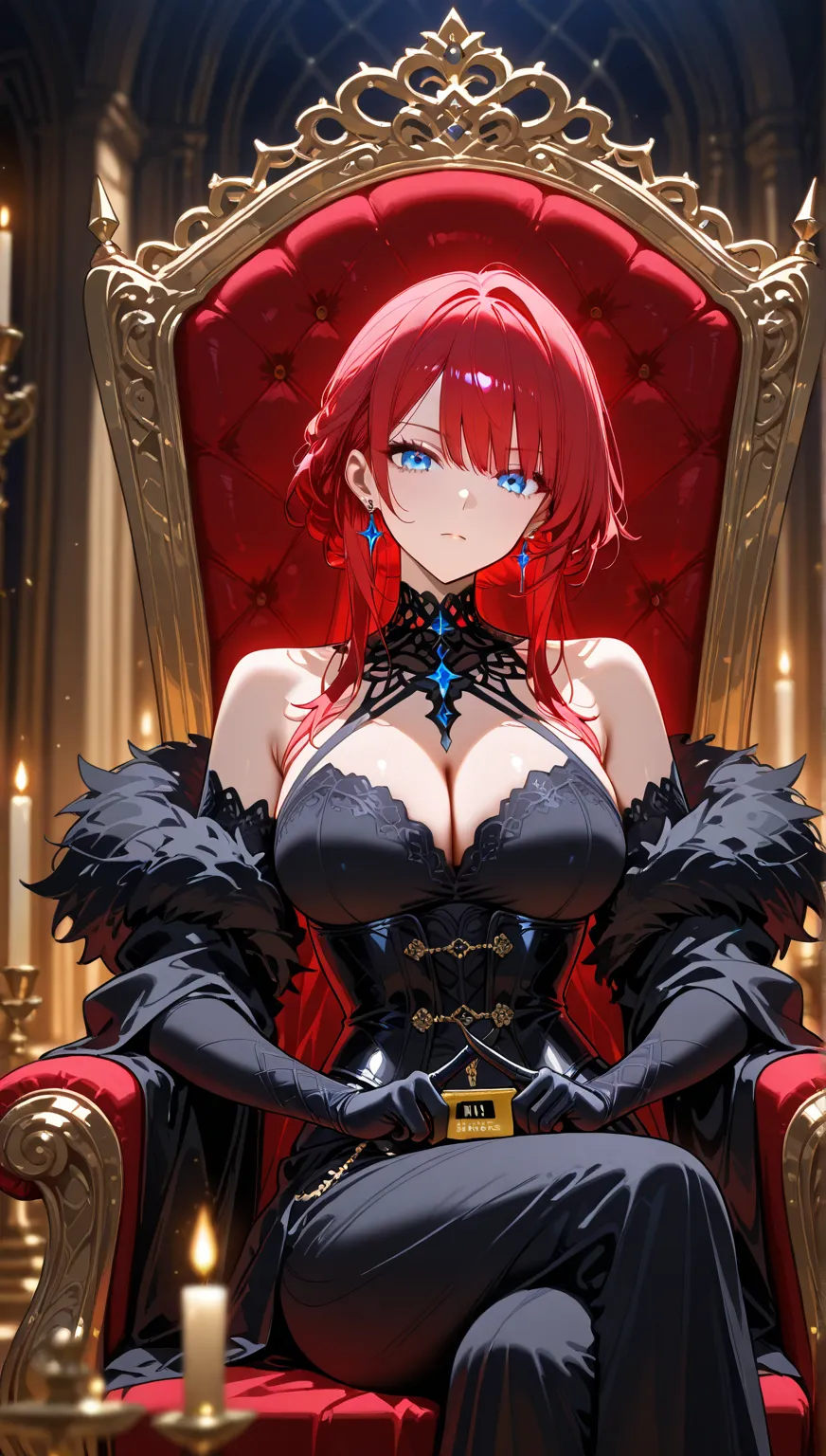 A dominant, regal woman sits on a throne of black marble, her golden jewelry reflecting the candlelight. Her bare shoulders and massive cleavage are accentuated by an elegant silk corset, her blue eyes piercing through the shadows. Her long wild red hair c...