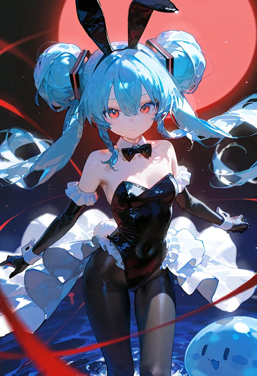 depicts rimuru on her way from slime form to Hatsune Miku's figure:1.8。上半身teeth初音ミクの姿（long blue hair、red eyes、black and red bunny girl costume、胸元のribbon、 gloves）in、下半身teethまだスライム:1.At 8。スライム部分teethblue translucentin、光の反射in柔らかin滑らかな質感を演出。リムルの表情teeth戸惑いと快感が混...