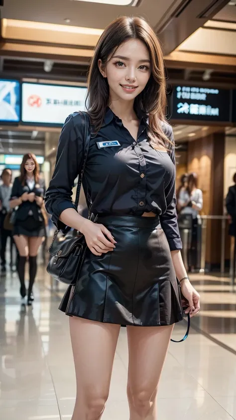 A beautiful, 24-year-old Japanese woman with perfect anatomy, healthy thighs, beautiful legs, beautiful skin, random hair color and style, large breasts, (wearing a flight attendant uniform with a mini-skirt:1.3), (she is standing:1.2), full body shot, pum...