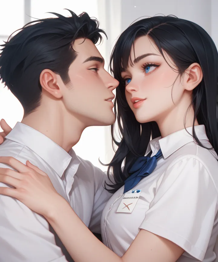 man ,black hair , Black Eye ,  full-bodied,Fair skin, spot on the face, white shirt with the letter F in the middle,  Woman , black hair , Fair skin , blue eye , full-bodied, white shirt with letter A in the middle ,  hugged couple 

