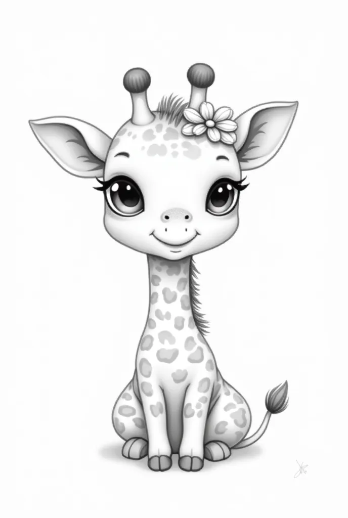 An adorable baby giraffe with big, expressive eyes. She has delicate flowers on her head and an elegant bow around her neck. The drawing is detailed,  with soft lines , estilo para colorir

Negative prompt:Blurry lines, blurred lines, low resolution, small...