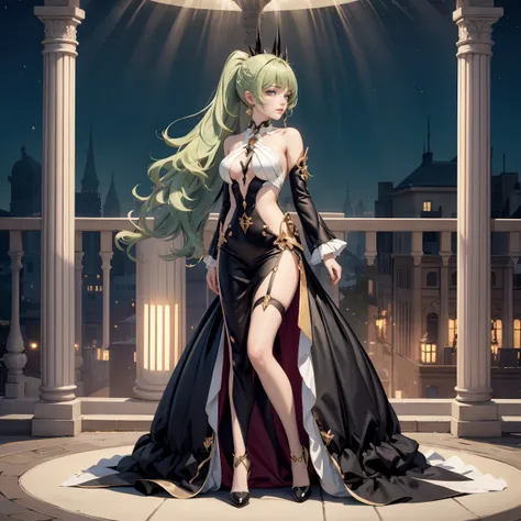 1girl, green hair, black dress, solo, ponytail, ahoge, glow eyes, gala dress, garter on the legs, full body shot, streaked hair, cute pose, very long hair, long flowing hair, v neckline, meet gala aesthetic, red carpet style, full body, too many frills in ...