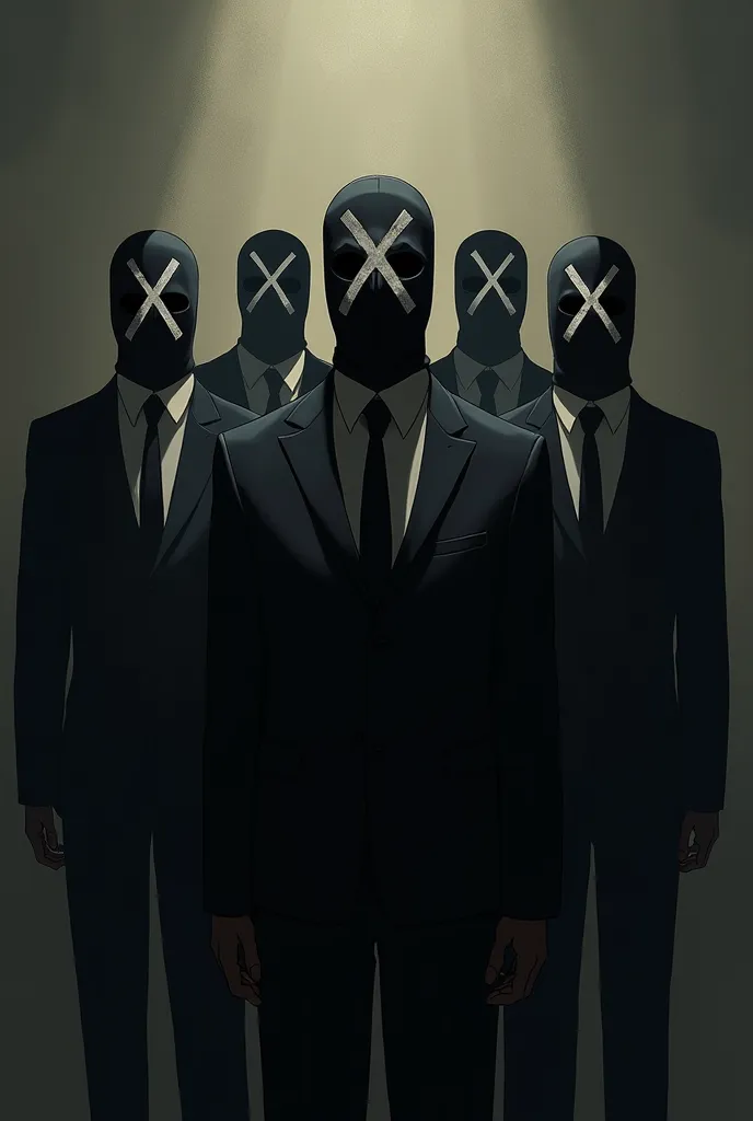 Realistic anime style of a group of masked men wearing masks with the letter x. All in black suits.