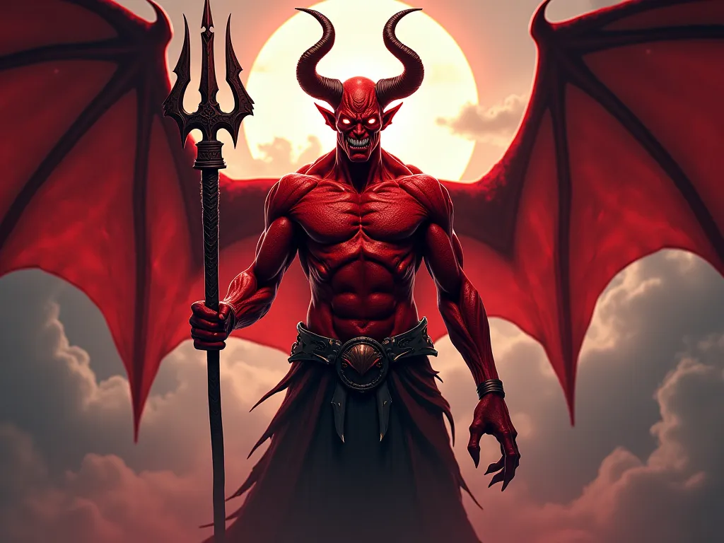 Create a picture of Satan with a frightening look and a smile with red skin, horns and a trident in his hand.