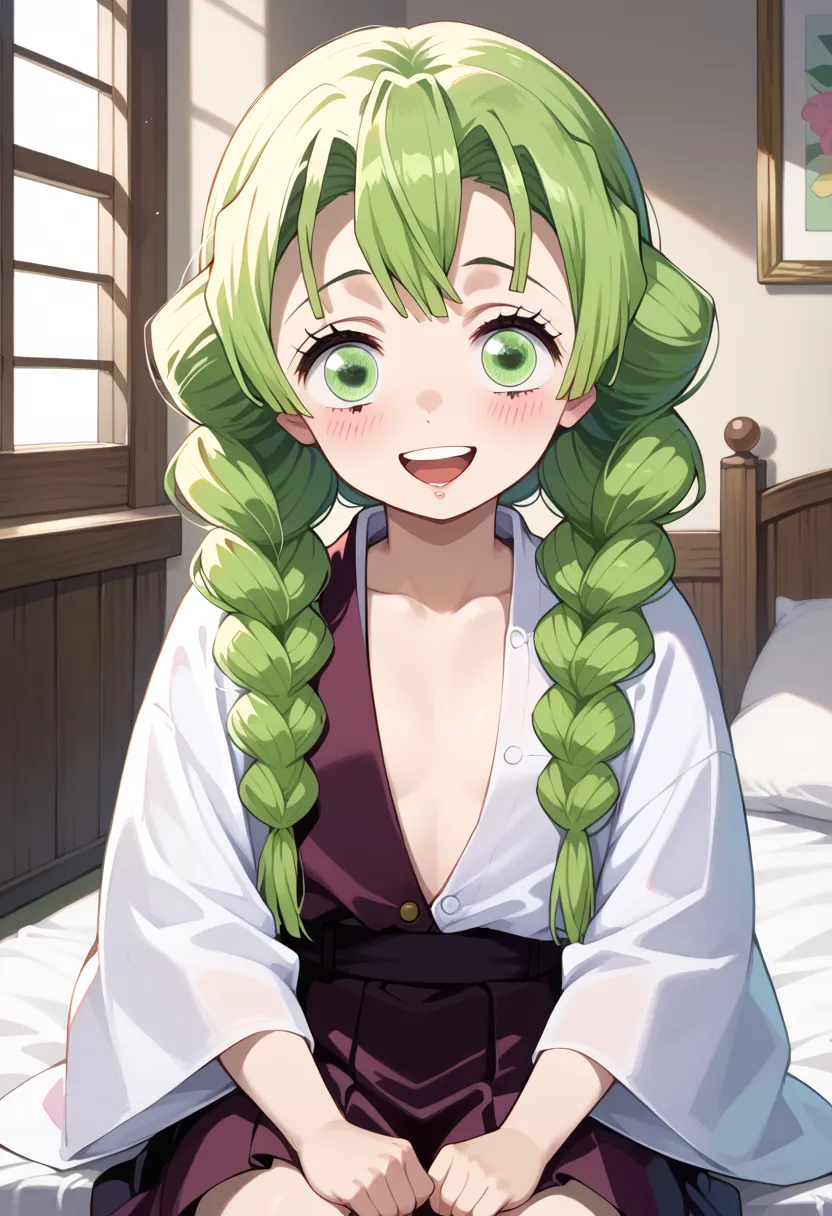 ((top quality)), ((masterpiece)), (be familiar with), perfect face, indoors, bedroom, watching viewers,
One woman, Kanroji Mitsuri,
open mouth, ecstatic expression, blush, smile,
 small tits, flat chest, Young girl,  lori,  ,  girl,
long hair, braids,
 ope...