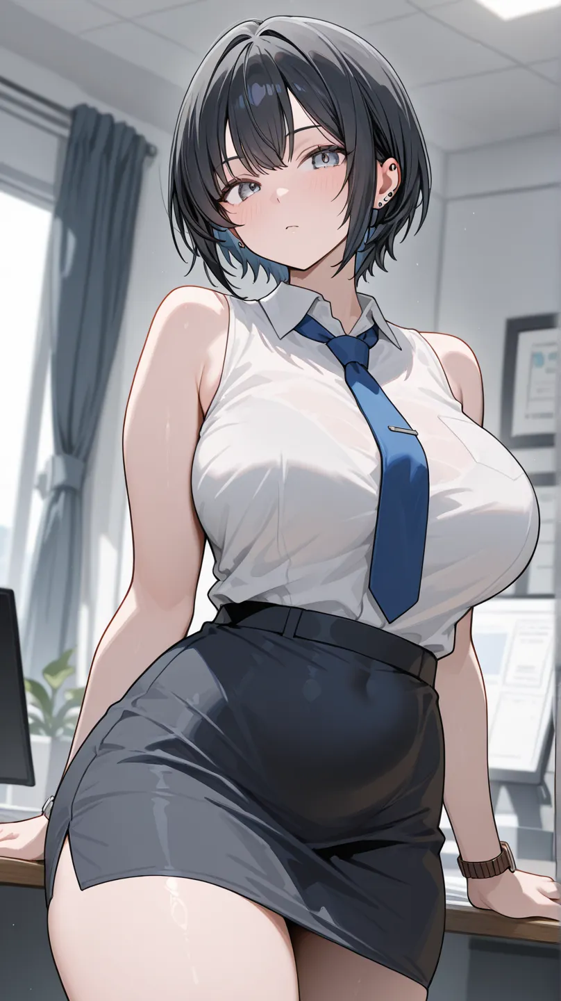 best quality, 1girl, large breasts, sexy, office clothes, white sleeveless shirt, short hair, tie, skirt, black hair, watch, piercing, plump