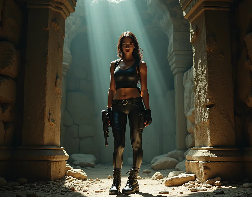 a picture of lara croft in her iconic outfit with demi-opaque black pantyhose underneath in old temple ruins