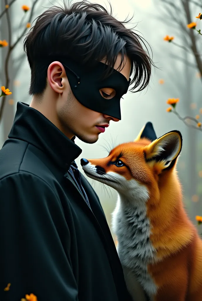 German Man, black short-ish hair, mask, with fox