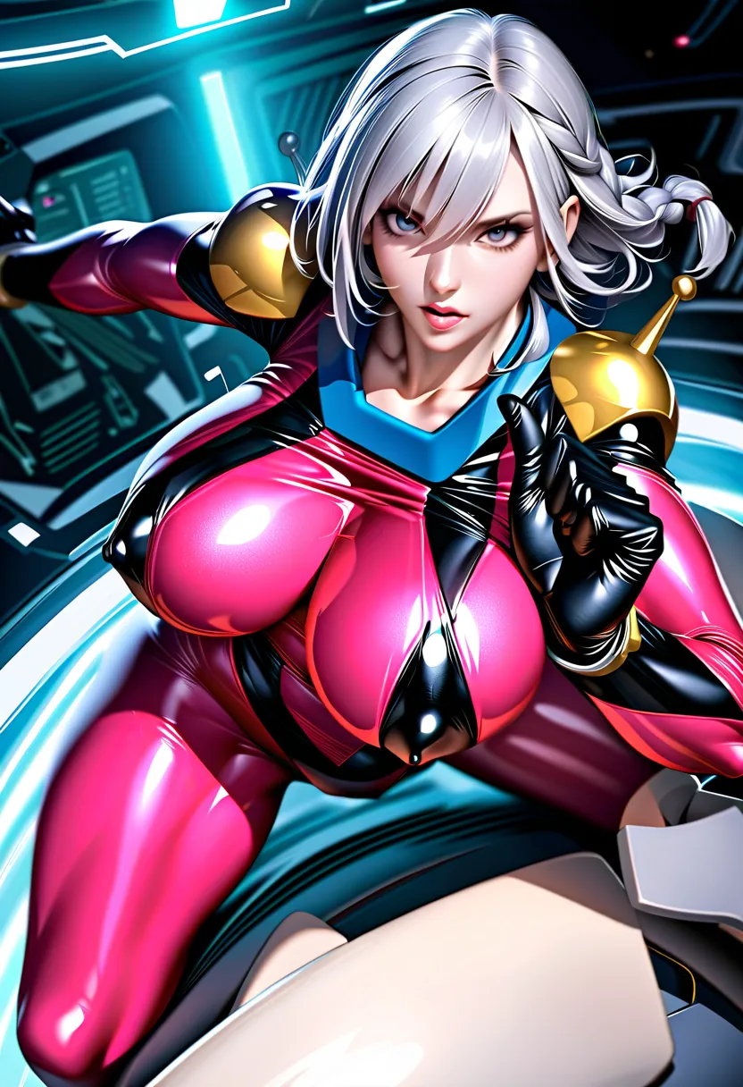 perfect hands, perfect finger,perfect anatomy, masterpiece, best quality,realistic, hyperrealistic, 16k hdr,1girl, large breasts,erected nipples,silver hair, braid,mobile trace suit, shoulder armor,bodysuit,fighting pose, upper body, cockpit,from above