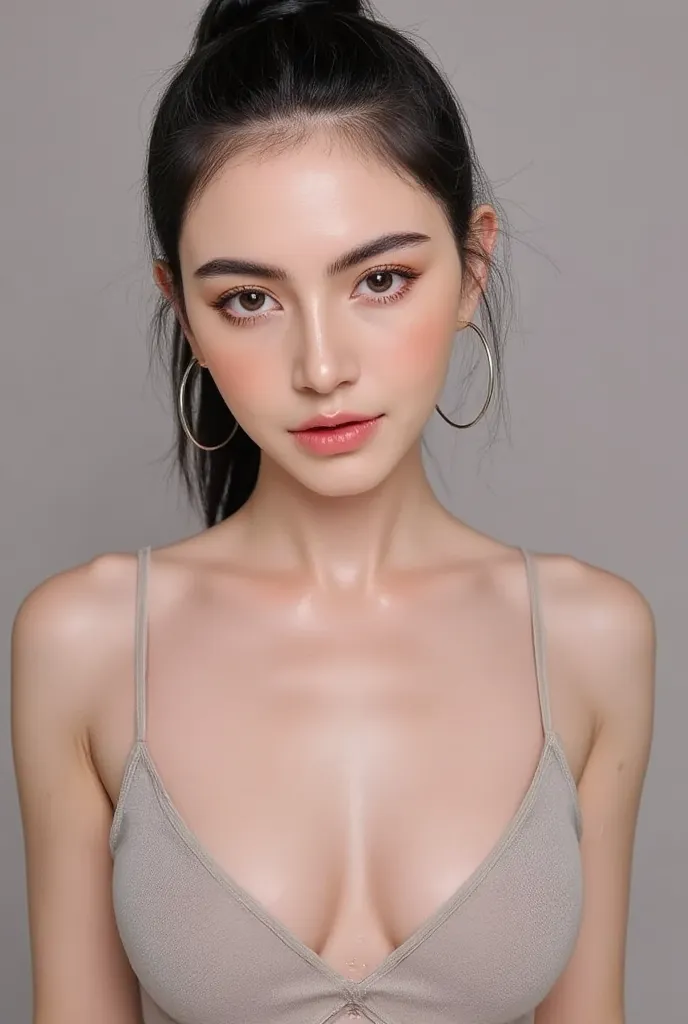 Mai Davika Hoorne, slim face, portrait of beautiful pale skin woman holding her chest in sensual position, her breasts are very big, her nipples are very perky, and her clwavage is very tight, the shape is suitable for being a good breeder, with sexual pov...