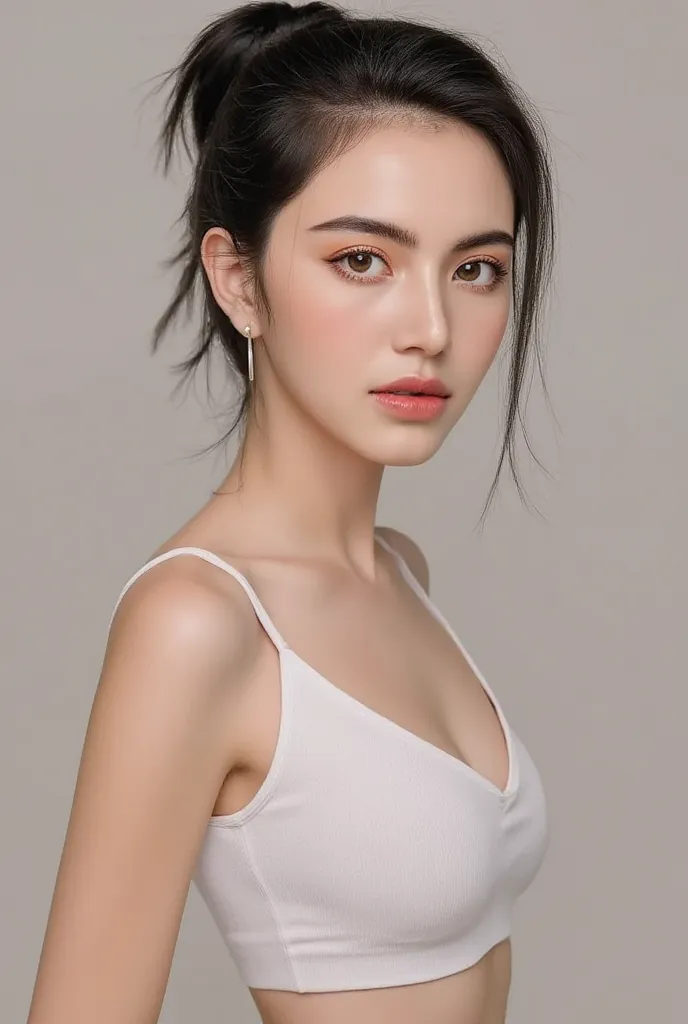 Mai Davika Hoorne, slim face, portrait of beautiful pale skin woman holding her chest in sensual position, her breasts are very big, her nipples are very perky, and her clwavage is very tight, the shape is suitable for being a good breeder, with sexual pov...