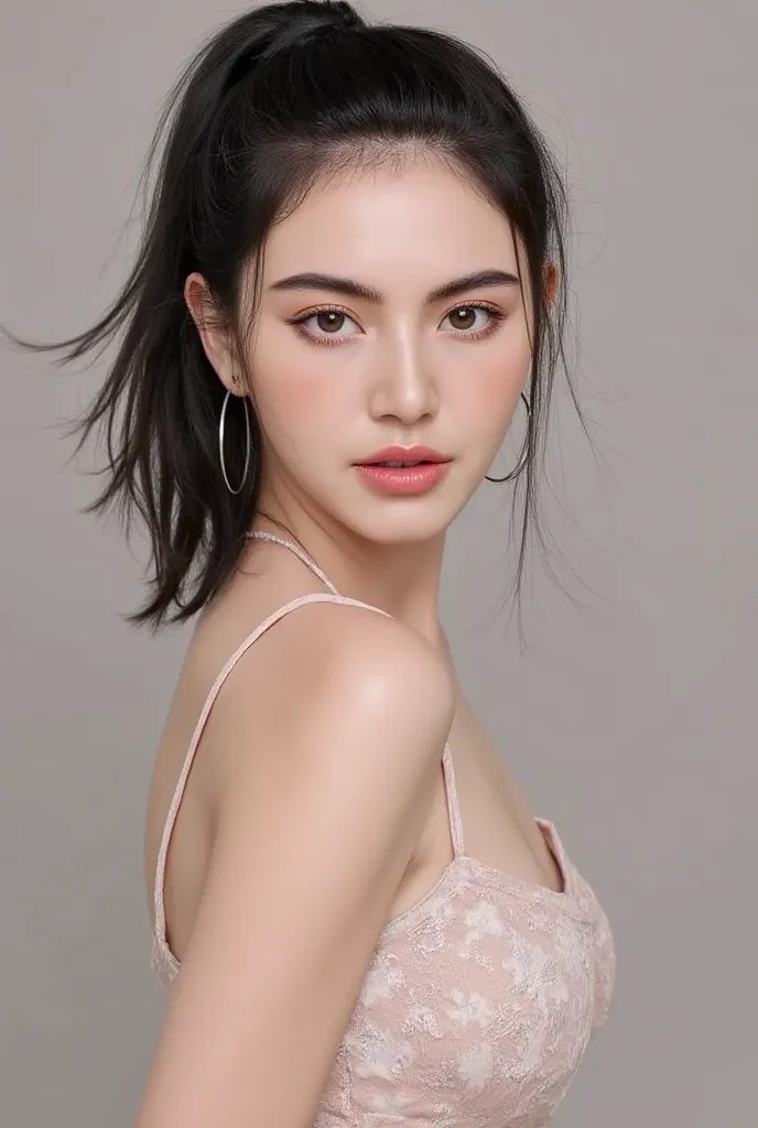 Mai Davika Hoorne, slim face, portrait of beautiful pale skin woman holding her chest in sensual position, her breasts are very big, her nipples are very perky, and her clwavage is very tight, the shape is suitable for being a good breeder, with sexual pov...