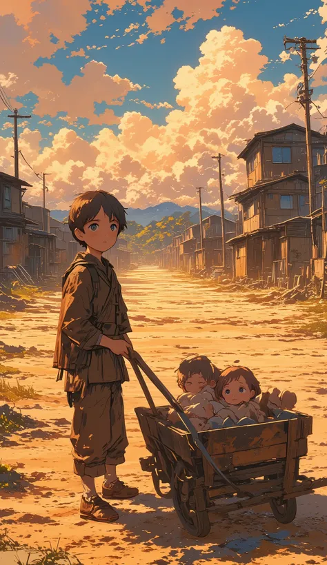 A Studio Ghibli-style animated scene depicting three young ren in a war-ravaged landscape. The composition mirrors a historical photograph: the eldest , a barefoot boy with short-cropped hair, stands slightly to the left, gripping the wooden handle of a ma...