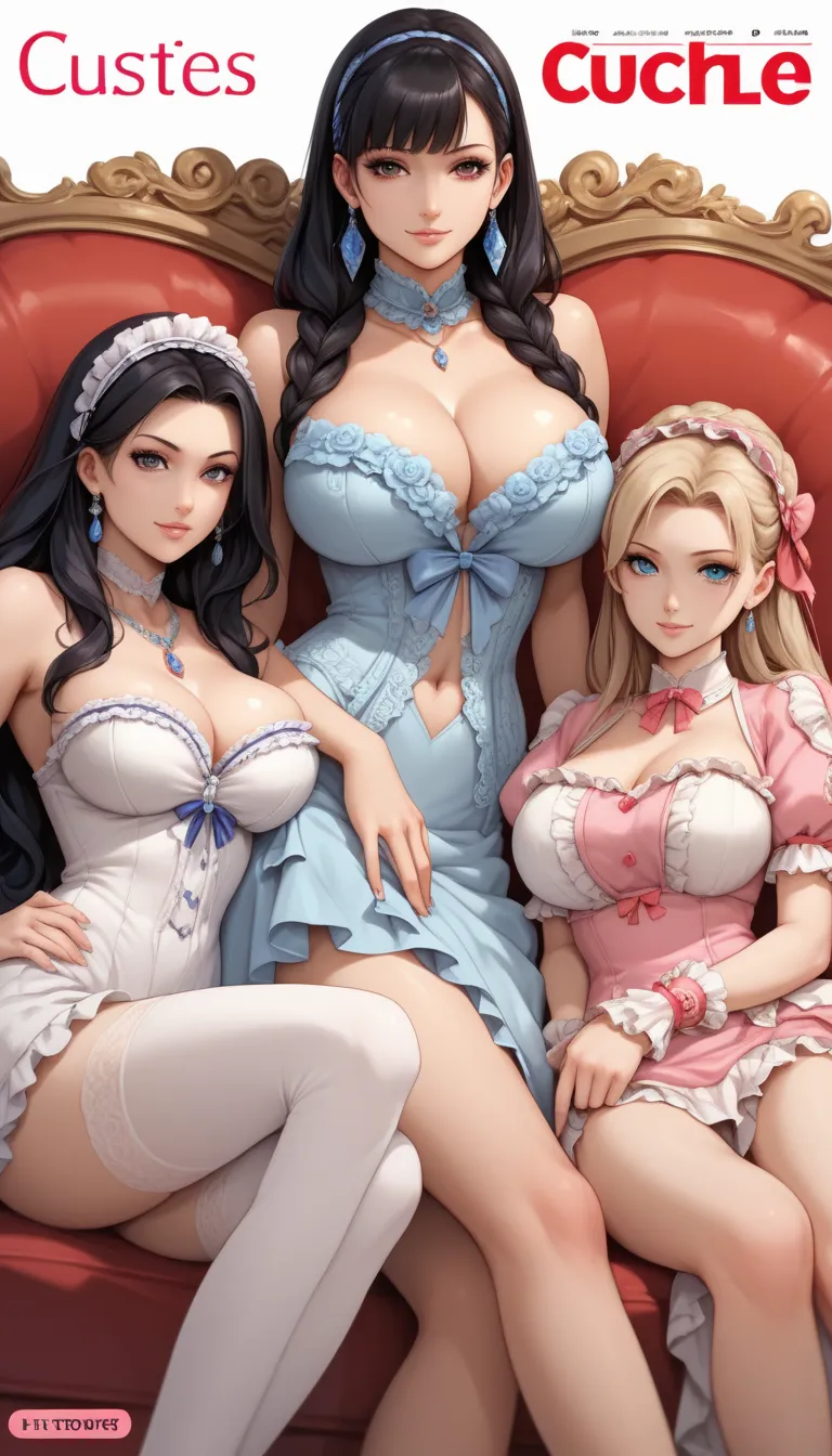 ((Busty Bitches)), score_9, score_8_up, score_7_up, perfect eyes, perfect face, ((large breasts)), (cutesy:1.5), magazine cover: 5women, five milfs on couch,  Lolita dress, 80s hairstyle, Seductive smile, aged face, elaborate wrist tattoo, complex skin, sh...