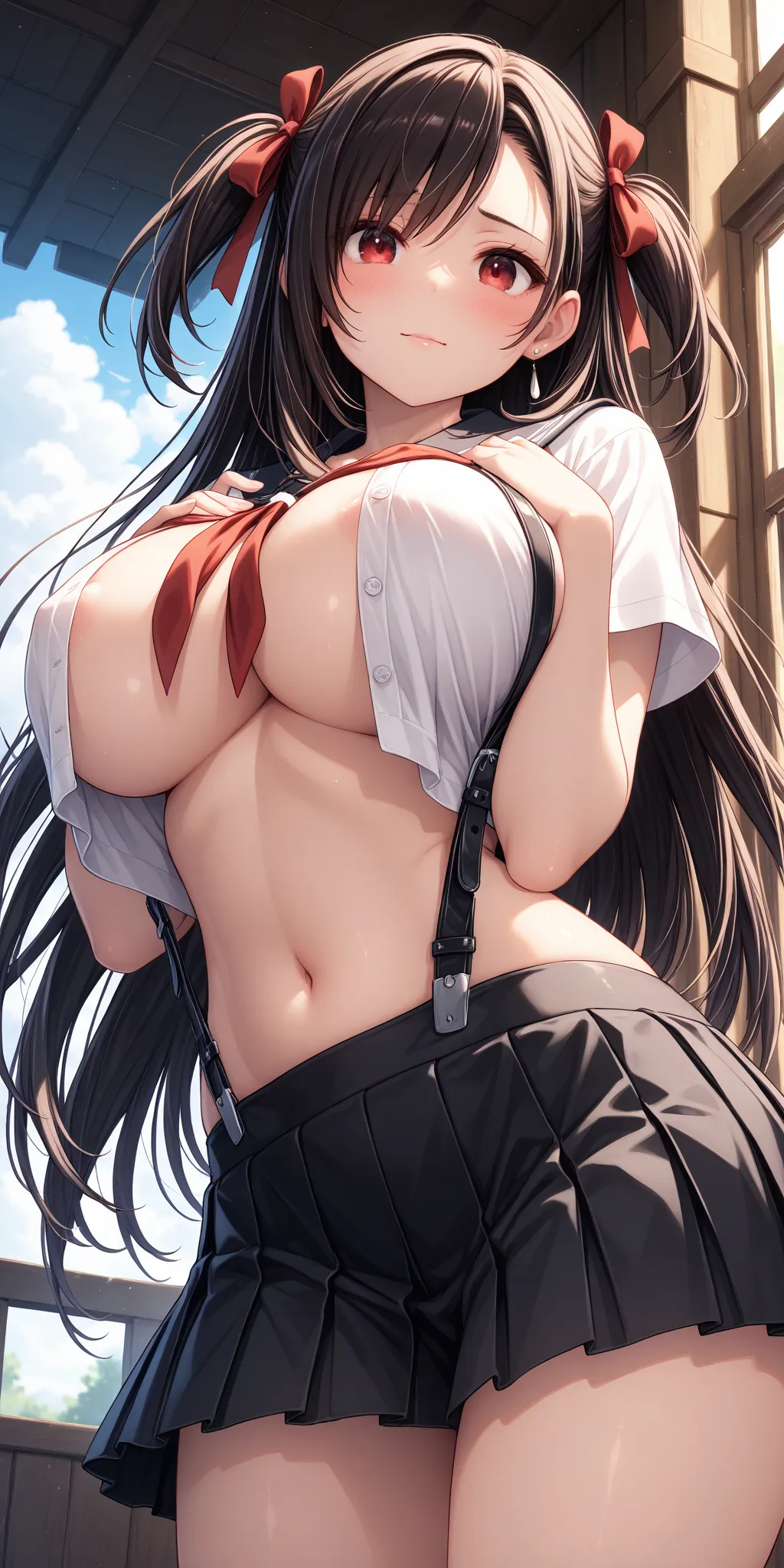 Tifa、very big breasts、Enchanted Valley、two side up、eyes seen through gaps in his bangs、slender eyes、school uniform、 wide open chest、detailed illustration、８Ｋresolution、super beautiful、Ultra delicate、masterpiece、top quality、