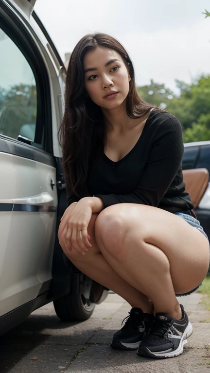  There was a woman who was secretly filmed in public car without realizing it. She is sitting, she is wearing a plain shirt and short wendy skirt. She is plump, big thighs, very beautiful legs, white skin, beautiful Asian face.She wearing black falts shoes...