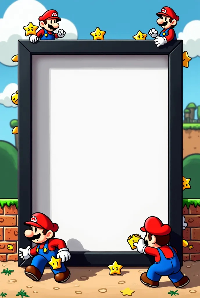 Imagine a horizontal shadowbox-style frame placed on the floor against a background that mimics the more modern Super Mario games, but with a drawing style similar to that of Paper Mario. The frame has a simple black border. Surrounding the border, small w...