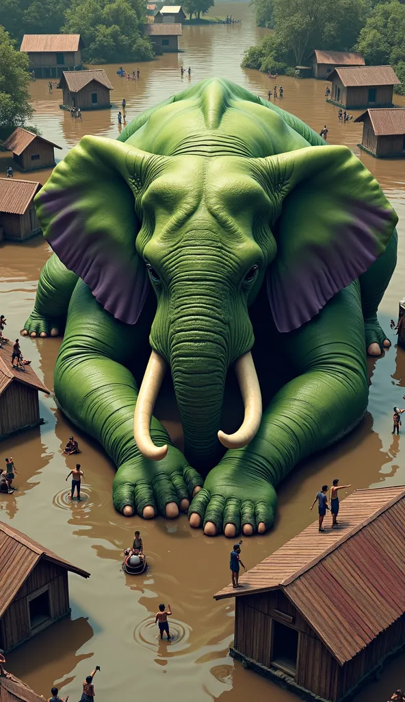 A surreal and vibrant scene of a giant hybrid elephant , which is a fusion between a realistic elephant and the Hulk , in green and purple tones, lying on a group of floating wooden houses amidst a flood. The elephant maintains its realistic shape and text...