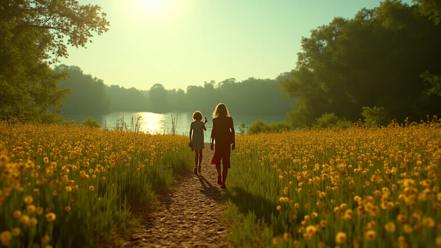 Highly detailed photorealistic image of a spacious trail through a sunny meadow filled with blooming flowers, a tranquil lake in the background shimmering under the sun, and a lush forest providing shade on one side, in the foreground Women in Hippie Look ...