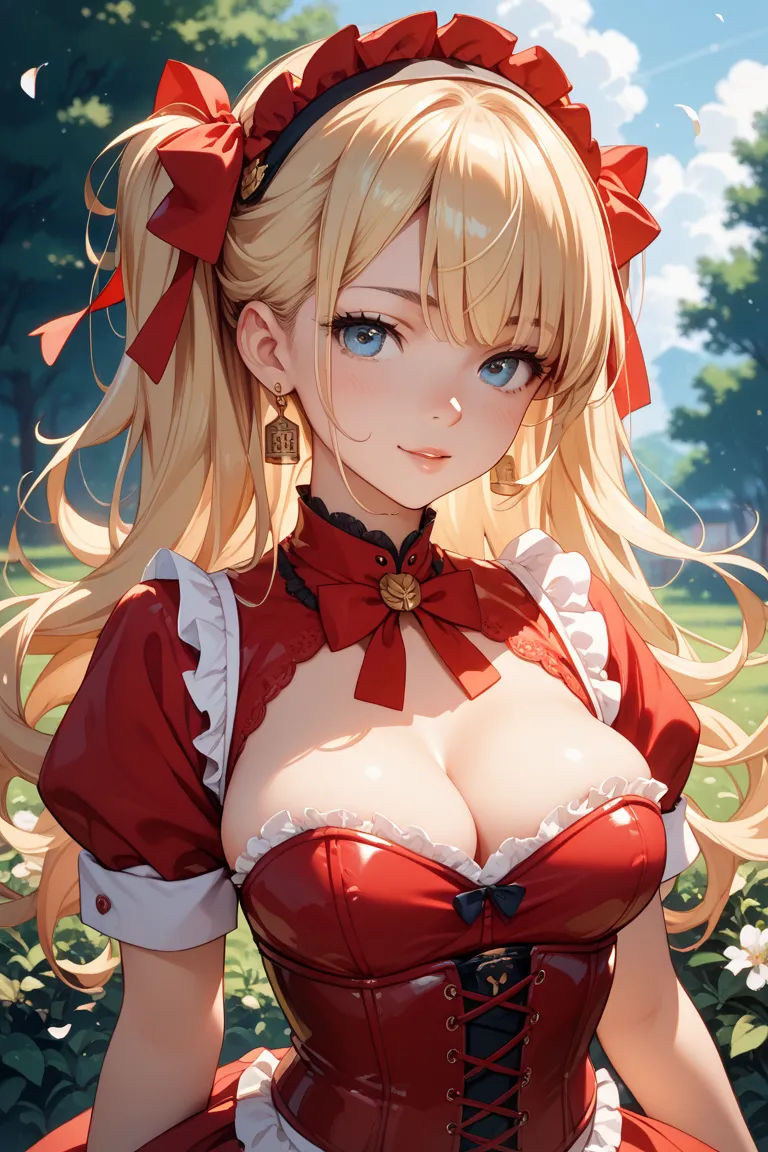 young adult,beautiful breast,blonde hair,half up with cow gi, Japanese,red uniform,Magic School,corset,