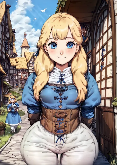 ((Cute girl,blonde girl,blonde hair,long hair,full bangs,cute blue eyes,light skin,wearing blue medieval top,white pants,wide big hips,small breasts)),(((Background of medieval village,stand,normal mood,FRONT VIEW,anime style)))