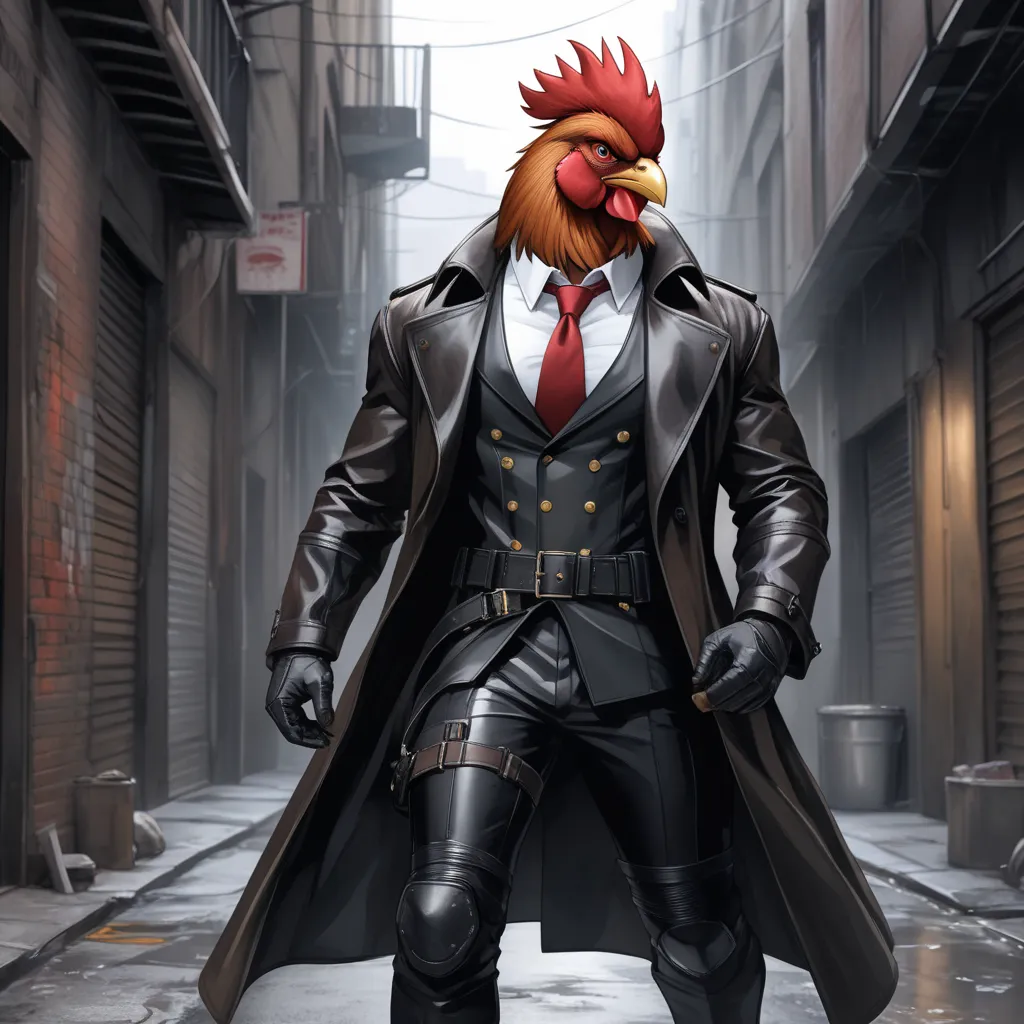 Closeup, Watercolor, comic book art style, an extremely badass anthropomorphic brown rooster wearing an insanely cool black leather detective trench coat, red necktie, white shirt, black leather biker gloves, black leather biker pants, giving it a cool, ed...