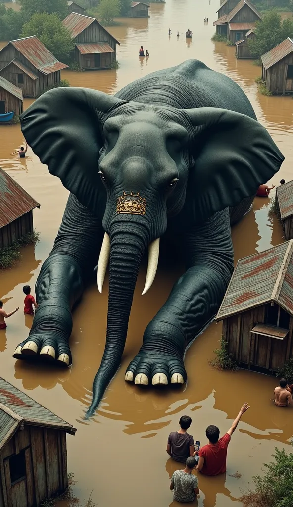 A surreal and vibrant scene of a giant hybrid elephant , which is a fusion between a realistic elephant and Batman , in black tones , greys and golds, lying on a group of floating wooden houses amidst a flood. The elephant maintains its realistic shape and...