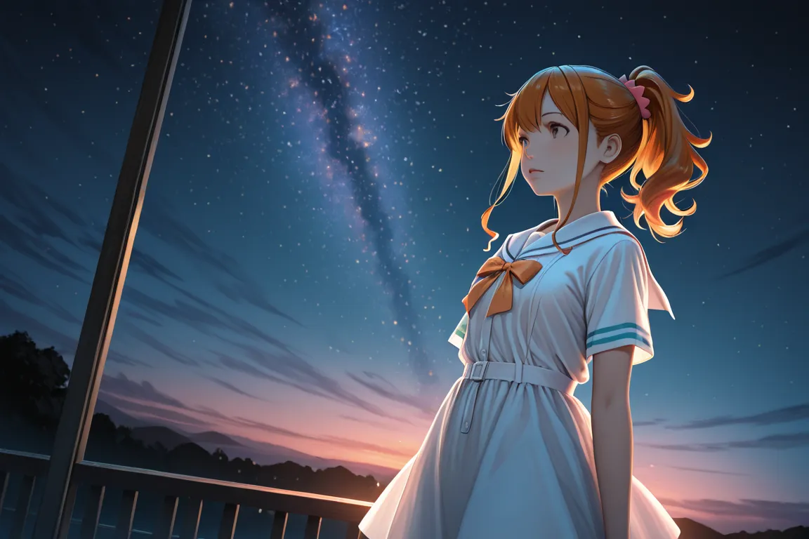 masterpiece, best quality, very aesthetic, absurdres, 1girl, jinno megumi , eromanga sensei, orange hair, ponytail, brown eyes, , dress with lace and  embroidery, sailor collar, short short sleeves,, scenery,, night, UPPER BODY, COWBOY SHOT, DYNAMIC ANGLE,...