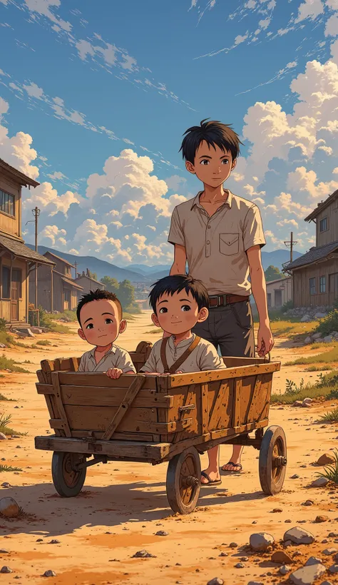 A Studio Ghibli-style animated scene depicting three young ren in a war-ravaged landscape. The composition mirrors a historical photograph: the eldest , a barefoot boy with short-cropped hair, stands slightly to the left, gripping the wooden handle of a ma...