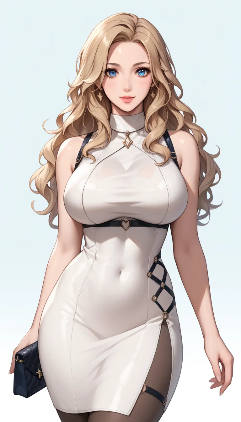 A young, glamorous woman in her mid-20s with long, wavy blonde hair and sparkling blue eyes. She has an incredibly striking hourglass figure with a bust size of 98 cm, a tiny waist of 58 cm, and wide, curvaceous hips measuring 92 cm. She is wearing a tight...