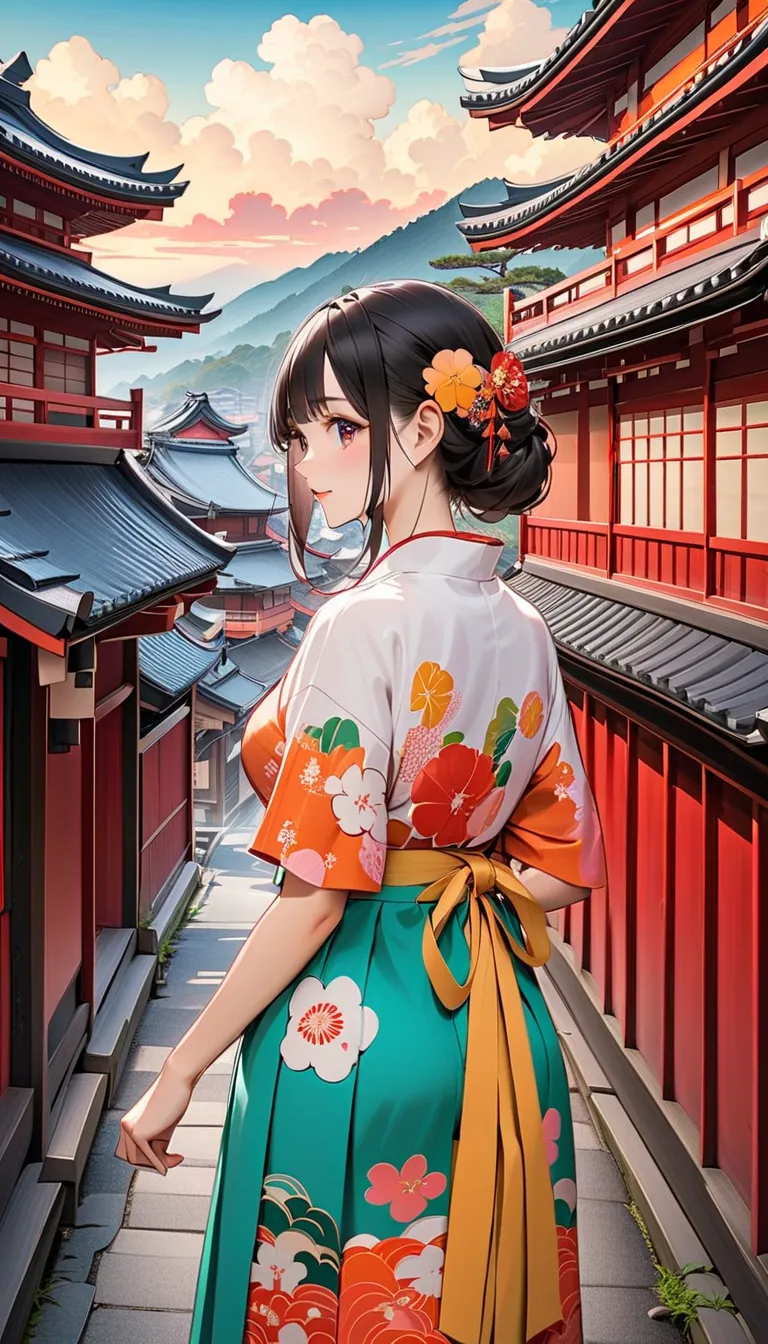 one girl in her 20s from behind, Skirt、 Summer clothes,Get lost in the Edo period、 mountains in the distance 々You can see,  White Clouds , You can see lots of stylishly designed buildings., Japanese painting, art、Kyoto Buildings、Five-story pagoda、colorful、