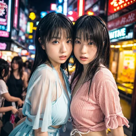 	4.	“Extreme close-up, High-resolution digital photograph of Japanese identical twin sisters walking through neon-lit Shinjuku streets at night, their expressions and synchronized movements captured in detail.”
