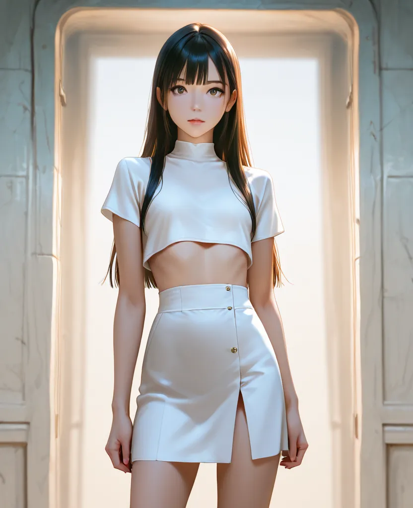 A girl wearing an asymmetrical high-slit skirt, Cowboy shot, high quality image, high resolution, White clothing, Long straight hair. Slim, petite, semi realistic anime, asymmetrical short skirt. Cropped top. High-slit short skirt.