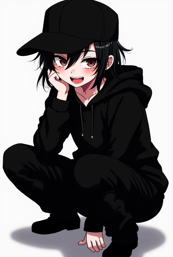 Make a character wearing a black cap, a sweatshirt also black with a hood, A stylish black pair of pants, Will she be crouching.She has a blade in her right hand and cutting off her left arm. She has messy black hair, She has wide eyes and dark circles, a ...