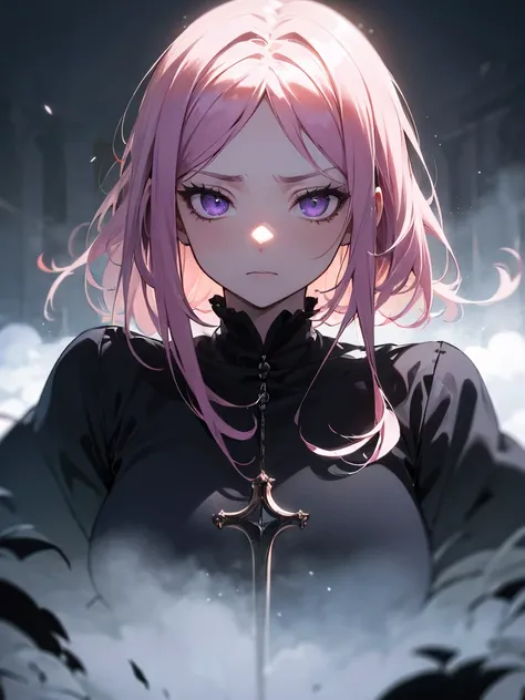  gothic anime girl ,аниме 90-х,Gothic,1 woman,dark church,  purple eyes ,dark ambient,   low saturation,Anime style,pale skin, long soft pink hair ,Gothic clothing,   Orihime   ,   surreal background   ,mysterious atmosphere,intense emotions,melancholic ex...