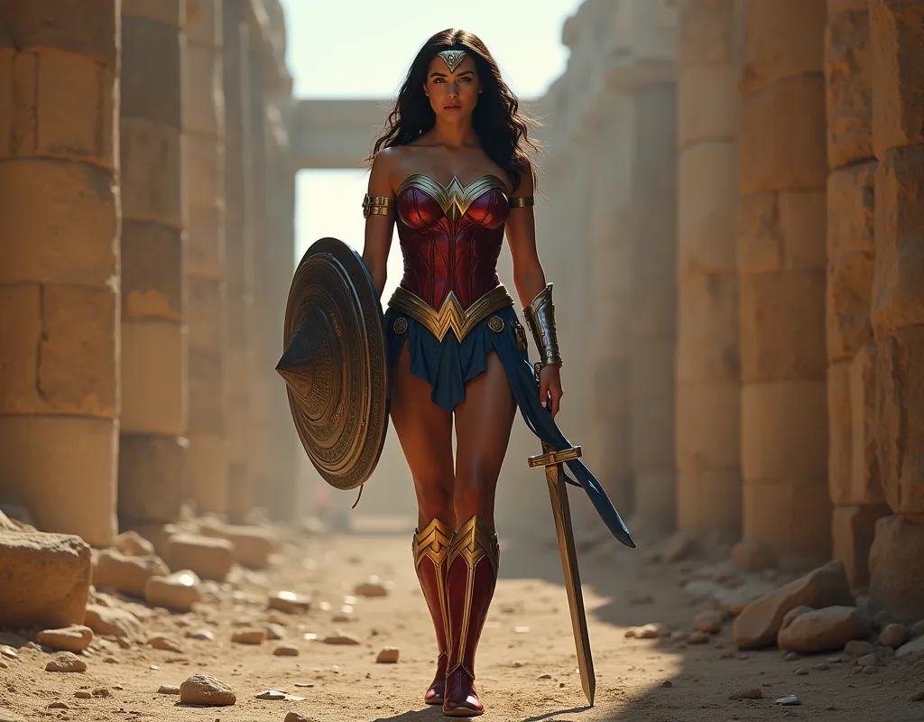 full body picture of Gal Gadot in her movie  wonder woman outfit and necklace and boots and semi opaque black pantyhose underneath holding sword and dhield in temple ruins