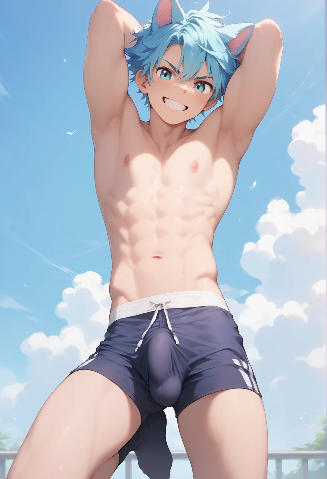 A cute full-body boy with cute ears. He shows off his big penis in short socks and tight boxers, he shows an angry smile