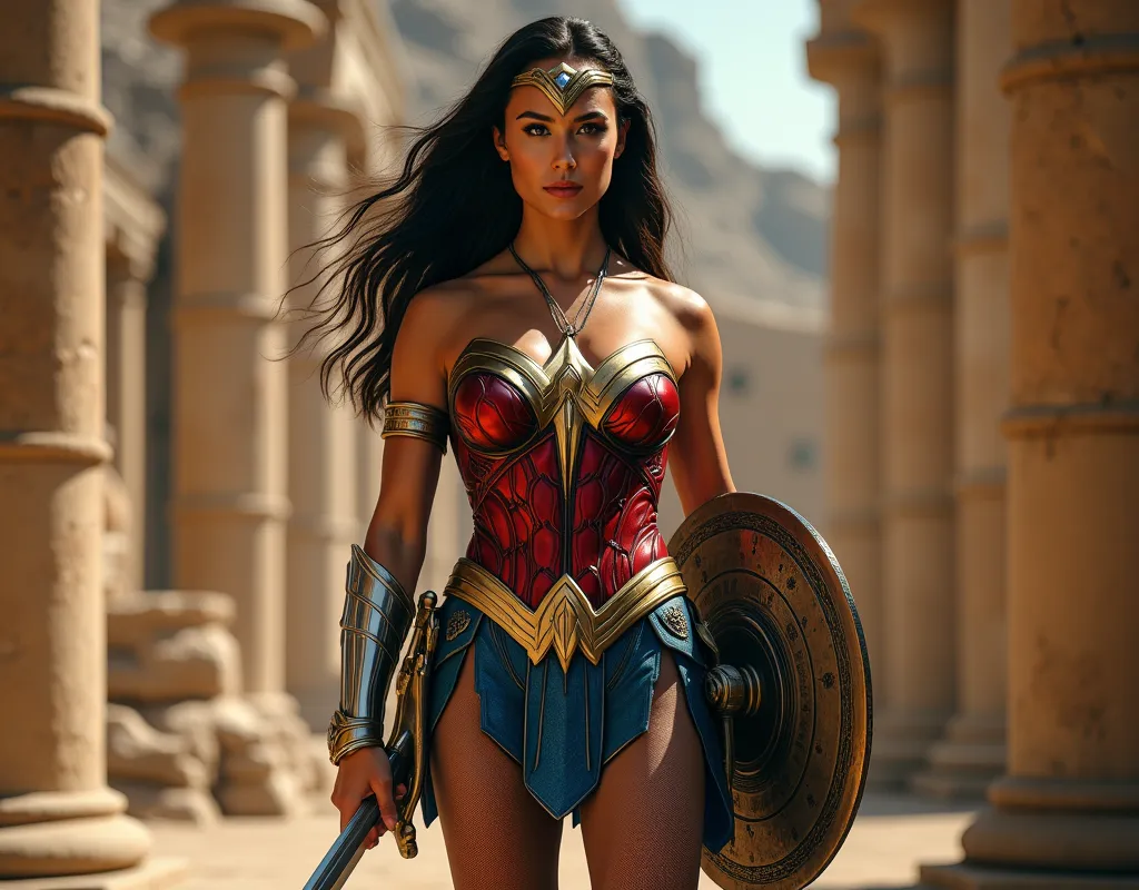 full body picture of Gal Gadot in her movie  wonder woman outfit and necklace and boots and semi opaque black pantyhose underneath holding her sword and shield in temple ruins