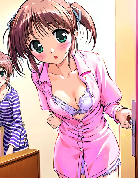 Asagiri Mai, Alone, (cowboy shot), brown hair, short hair,  hair ribbon, twintails,  green eyes, small breasts, cleavage, (downblouse),  cute pajamas for people in their thirties, (undressing shirt:1.3), (pink lace lingerie), (is surprised), (blush), (shy:...