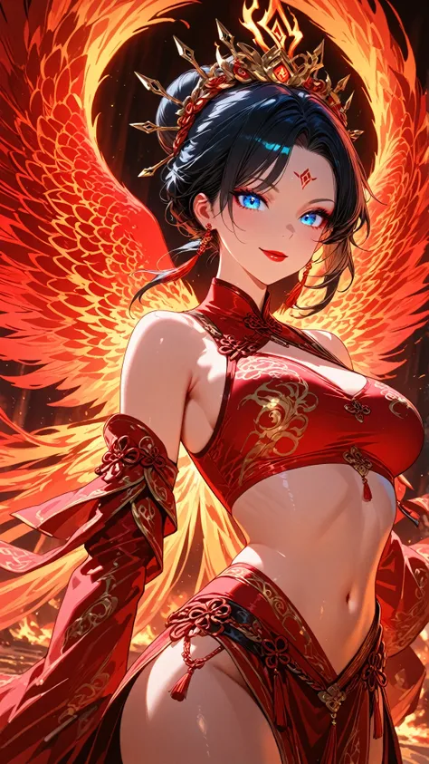 1 Warrior girl, she has Phoenix, breasts, black_hair, blue_eyes, red_lips, navel, chinese_clothes, earrings,chinese warrior, jewelry, hair_bun, smile, looking_at_viewer, queens of destruction, fantasy dark world, fire from Phoenix, fit and sensual body, sh...