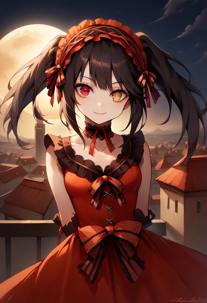 score_9, score_8_up, source_anime, 1girl, solo, KurumiBase, clock eyes, red eye, yellow eye, heterochromia, black hair, twintails, hairband, red dress, striped bow, frills, detached sleeves, frilled choker, smile, portrait, upper body, standing on the roof...