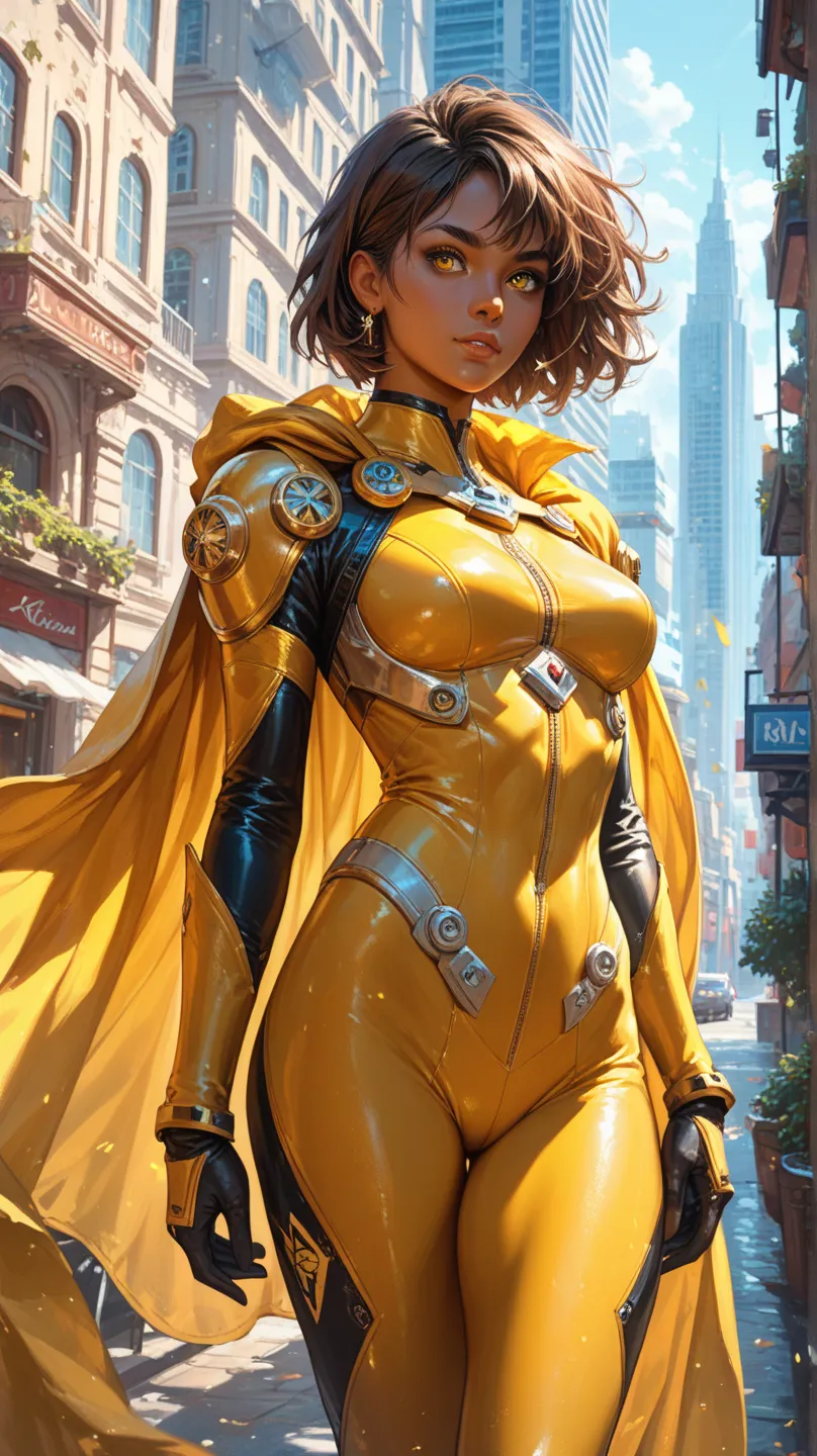 score_9, score_8_up, score_7_up, score_6_up, 1woman, (dark skin), brown hair, short hair, golden eyes, white and yellow bodysuit, cape, city, cowboy shot, solo, female focus