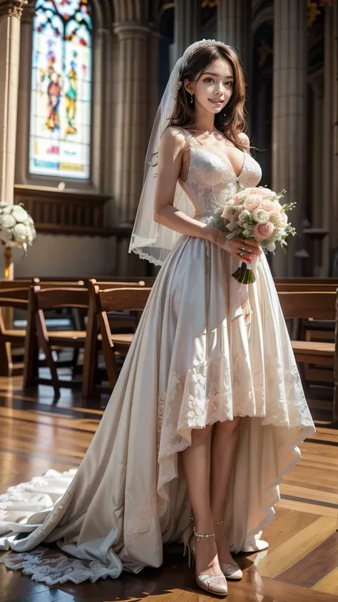 A beautiful young Japanese woman, 26 years old, with healthy thighs, beautiful legs, flawless skin, random hair color and style, large breasts, wearing a (wedding dress:1.3), (she is standing:1.2), full body shot, high heels, holding a bouquet in her hands...