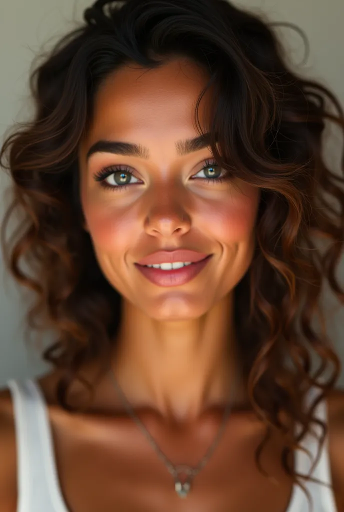 Create a super realistic photo of a woman with brown skin and curly brown hair, And with a youthful appearance 